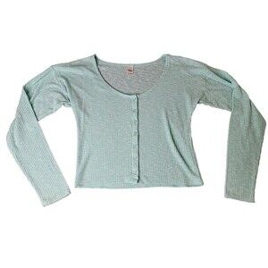 Bongo Y2K Size‎ XL Mint Ribbed Long Sleeve Button-Up Lightweight Cropped Shirt
